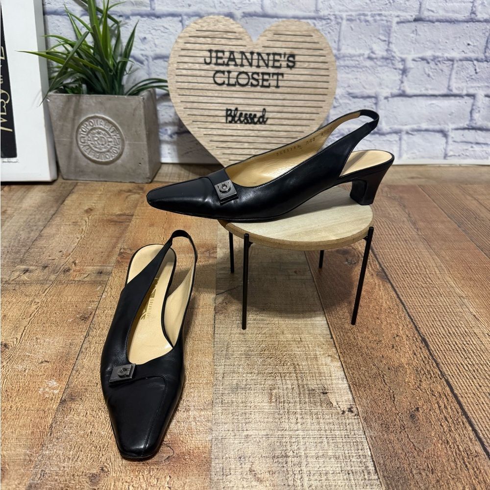 Salvatore Ferragamo black leather slingback kitten heels